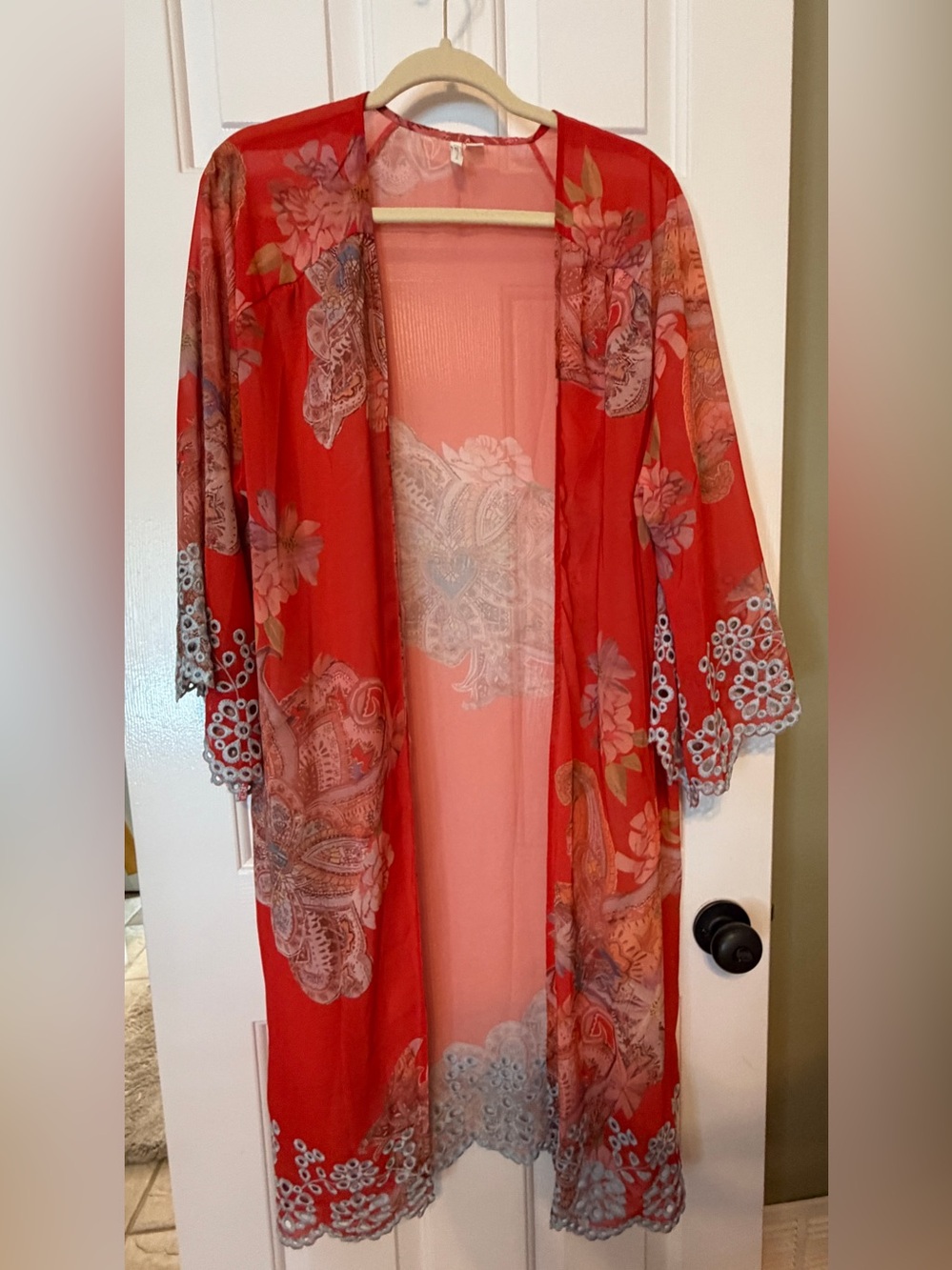 Cato Large Sheer Rusty Red Floral Paisley Kimono Jacket with Blue Accents